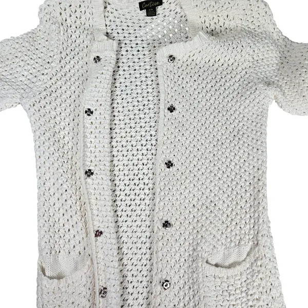 Cartise Womens Medium Cream Cotton Knit Crochet Button Front Cardigan Duster‎ - Image 3