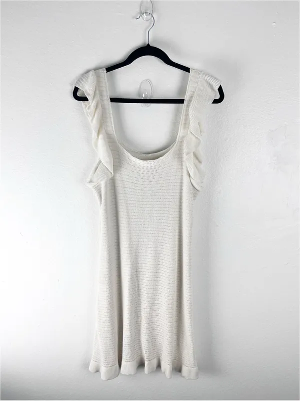 ANTHROPOLOGIE Cream Ruffle Shoulder Straps Hem Trim Dress Size Large Casual Boho - Image 2
