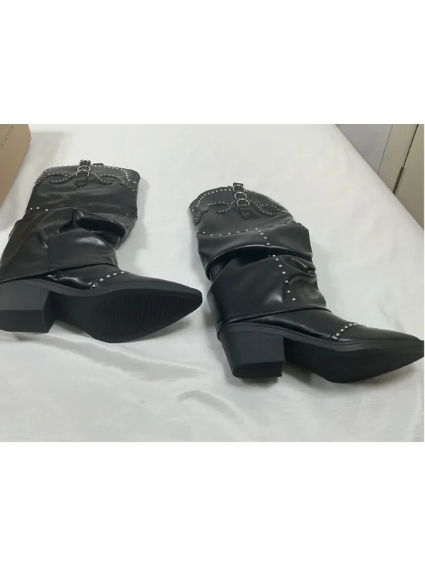 IDIFU Women’s Black Western knee high Studded Buckle Pointed Toe Boots 8 - Image 2