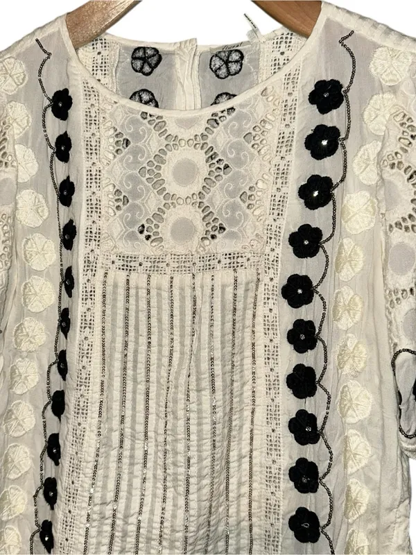 Anthropologie Floreat 4 White Eyelet Lace Black Floral Trim Veille Peasant Top - Image 6