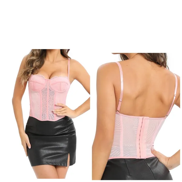 Elegant Pink Lace Corset Bustier Top With Straps L - Image 2