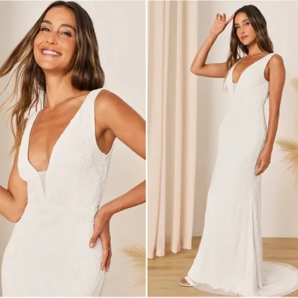 LULUS Bridal Wedding Elegant Sophisticated Floral Beaded Mermaid Gown - Image 3