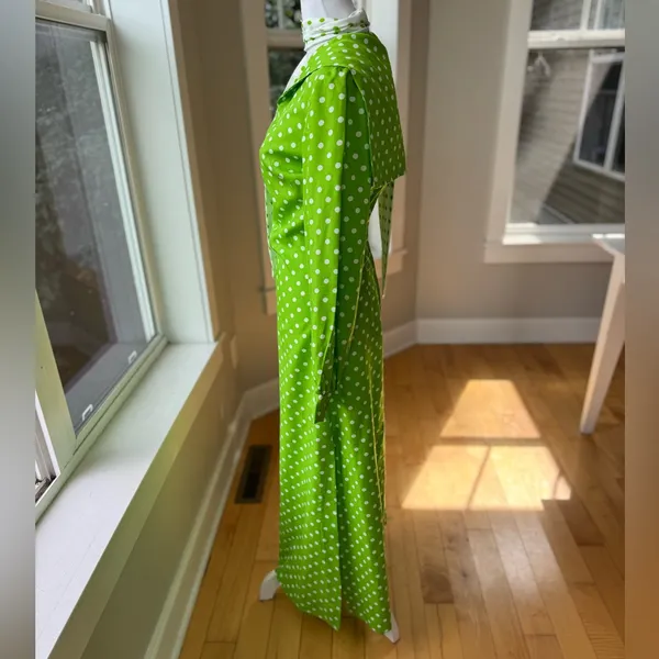 Vintage 1960s Handmade Lime Green White Polka Dot Column Maxi Dress and Scarf - Image 4