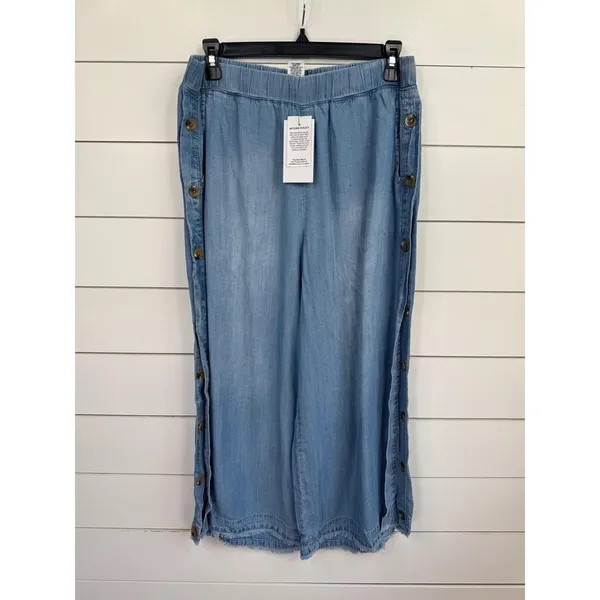 For The Republic Chambray Size M Wide Leg Side Button Frayed Hem Ankle - Image 2