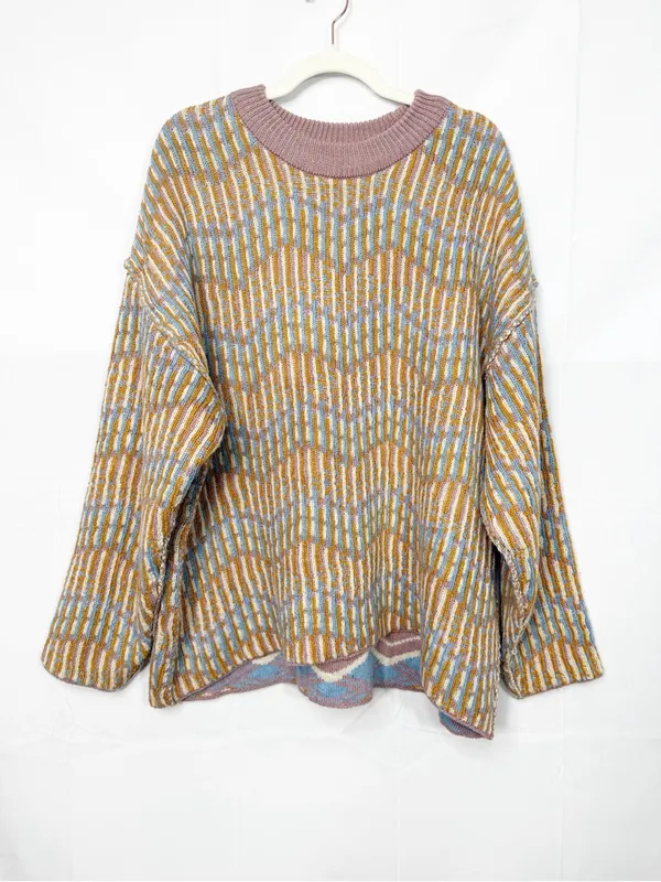 Free People Beach Malibu Pattern Textured Oversized Crew Neck Sweater Boho - Image 3