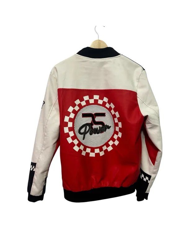 Red and White Racing Bomber Jacket with Checkered Details - Image 4