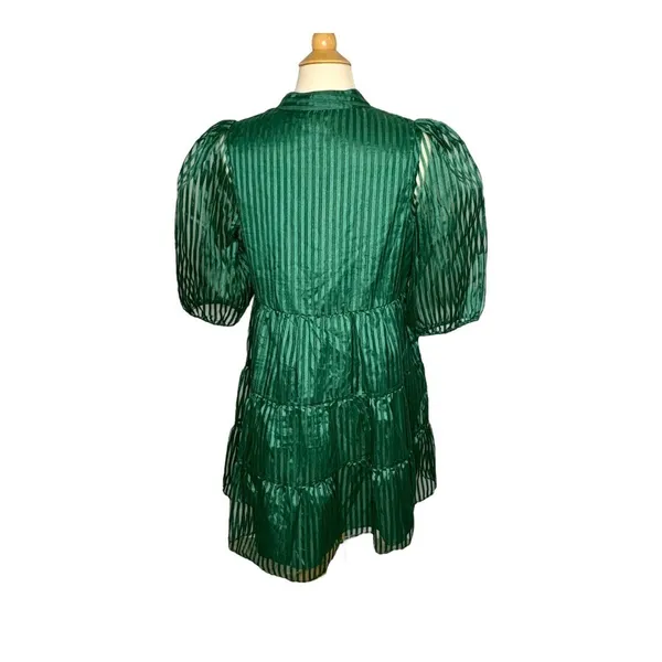 Crown & Ivy Tiered Mini Dress Womens Large‎ Green Striped Puff Sleeve Babydoll - Image 14
