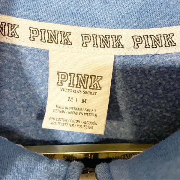 Victorias Secret Pink Medium Blue Spellout Quarter Zip Sweatshirt - Image 3