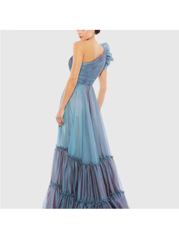 NEW | Mac Duggal 67878 One Shoulder Blue Organza Pleated Tiered Maxi Gown 0 - Image 2