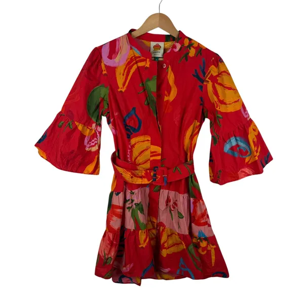 Farm Rio Tropical Fruit Printed Mini‎ Shirt Dress Small Multicolor Belted Resort - Image 2