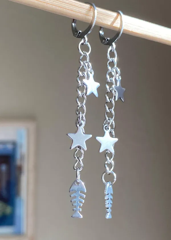 fish bone & star fully stainless steel unique funky dangle earrings🌀🐟💙⭐️ - Image 2