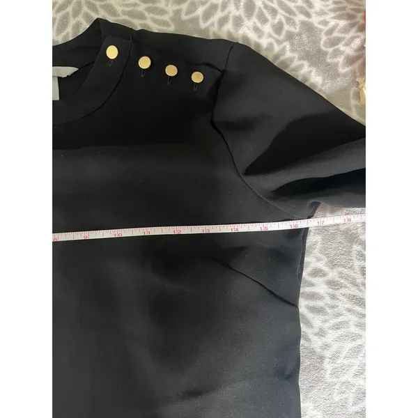 H&M Black Mock Neck Shift Dress 2 Button Bell Sleeve‎ Office Chic Preppy Minimalist - Image 5