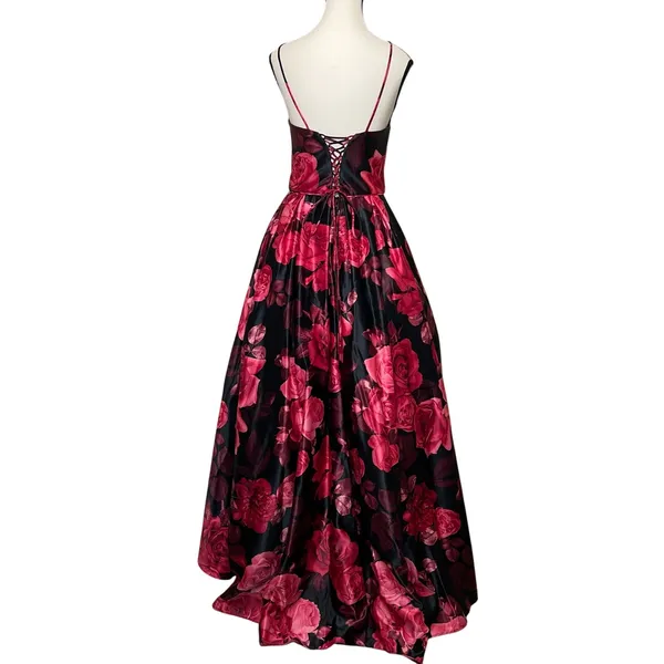 Betsy & Adam Floral Rose Satin Gown Black Red Lace Up A-Line Prom Formal Size 8 - Image 6