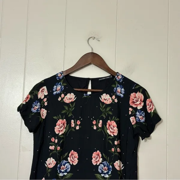 Abercrombie & Fitch Black Floral Mini Dress S Short Sleeve A-Line Cottagecore - Image 3