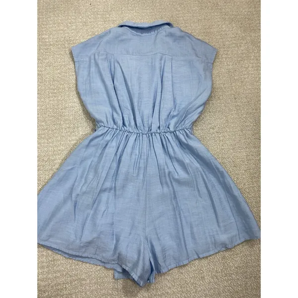 Lilyful Blue Solid Wrap V-Neck Tie Waist Lined Cap Sleeve Romper S Rayon - Image 13