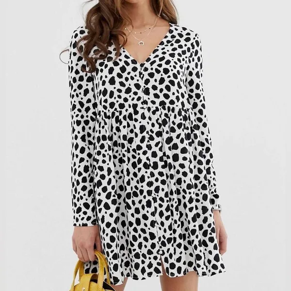 ASOS Dalmatian Spot Print Babydoll Dress Long Sleeve V Neck NWOT Womens 4 - Image 10