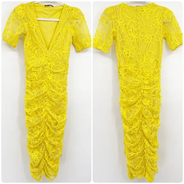 Zara Womens Blogger Fave Yellow Floral Lace‎ Ruched V-Neck Bodycon Midi Dress S - Image 3