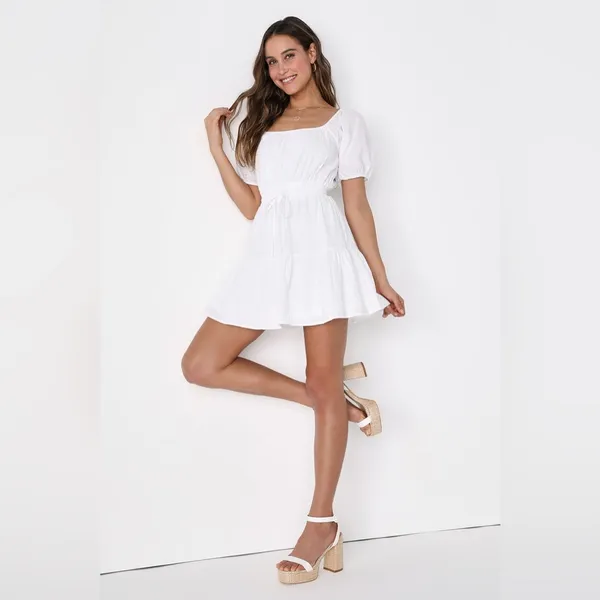 Lulus Sunny Day Feeling Tiered Puff Short Sleeve Mini Dress White Small NEW - Image 2