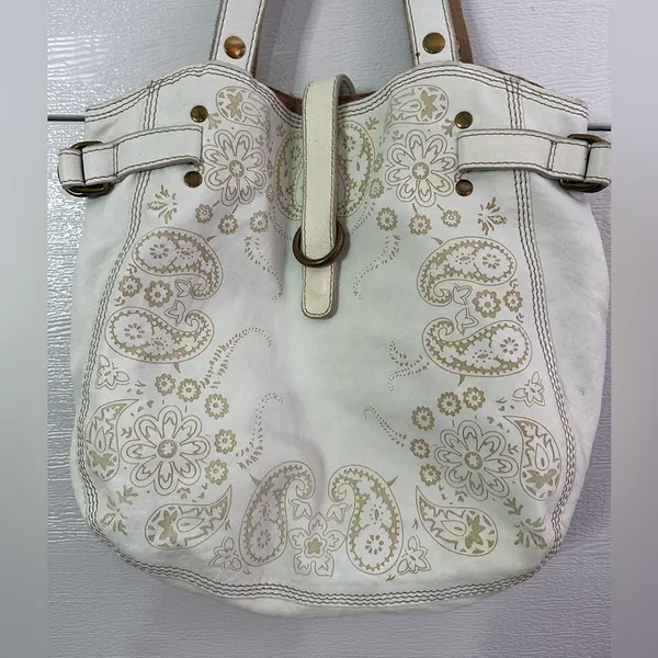 Y2K Lucky Brand White Paisley Print Leather Tote Bag Purse - Image 3
