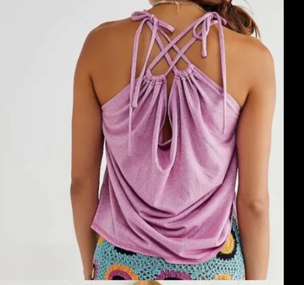 Free People wanna dance convertible Metallic pink purple shoulder tie sleeveless top - Image 5