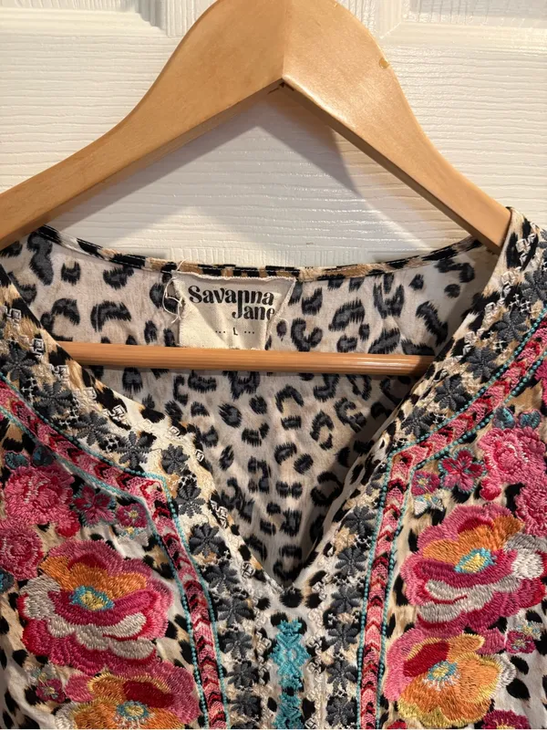 Savanna Jane Leopard Print Tunic with Floral Embroidery - Pink, Orange, Teal - Image 2