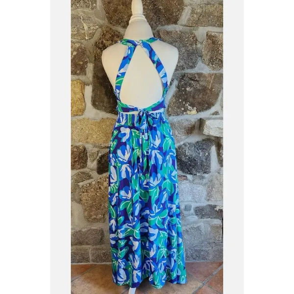 Abel the Label Blue Floral Maxi Dress Size Medium Halter Neck Open Back Tropical - Image 2