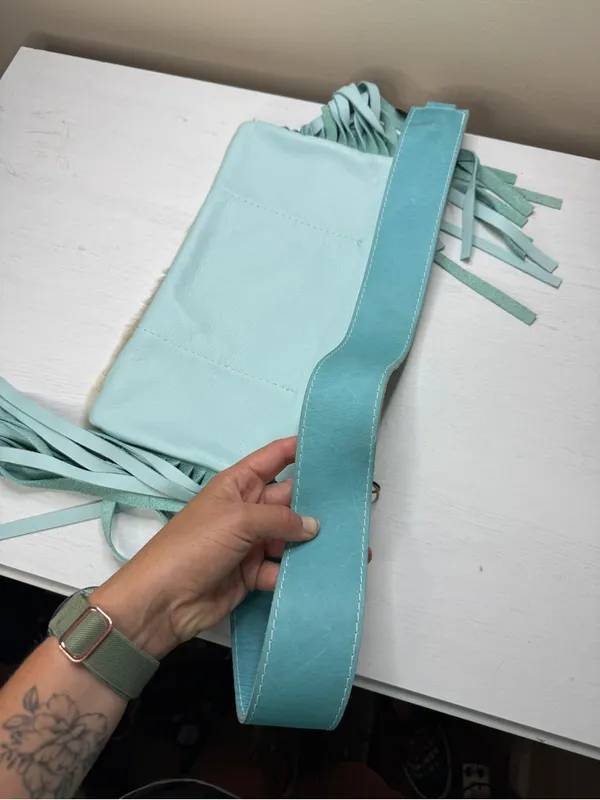 TTT Leathergoods Longhorn Lakota Cowhide Fringe Shoulder Bag Sky Blue - Image 7