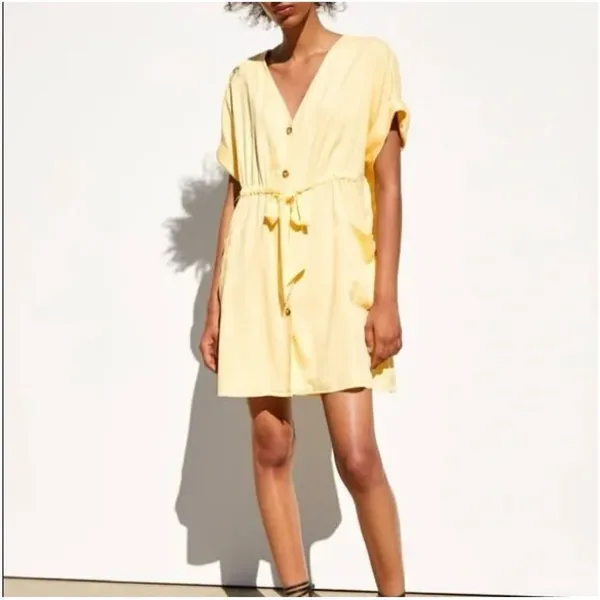 Zara Button Front Tie Waist Shirt Dress‎ Yellow XS Cap Sleeve - Image 6