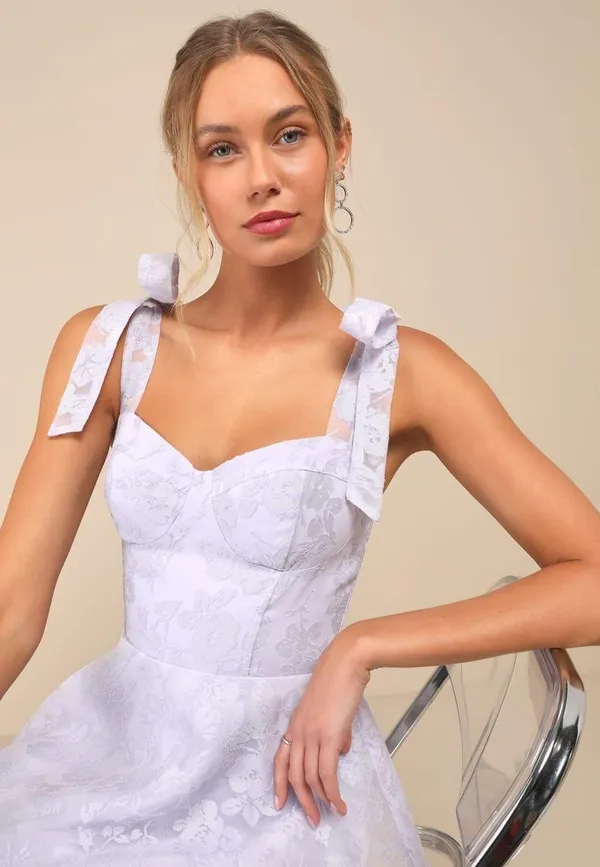 LULUS Glamorous Sweetie Lavender Burnout Tie-Strap Bustier Midi Dress - Image 2