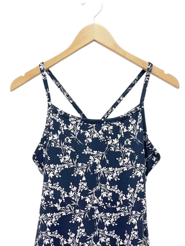 PACT Organic Cotton Fit Flare Midi Dress Size Large Navy Floral Shelf Bra Knit - Image 6