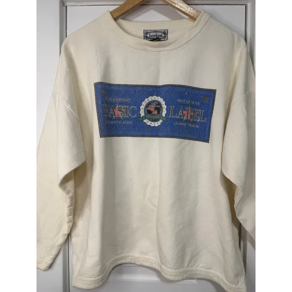 Vintage Bonjour Basic Label Pullover Sweatshirt Cream Graphic Made in USA L - Image 10