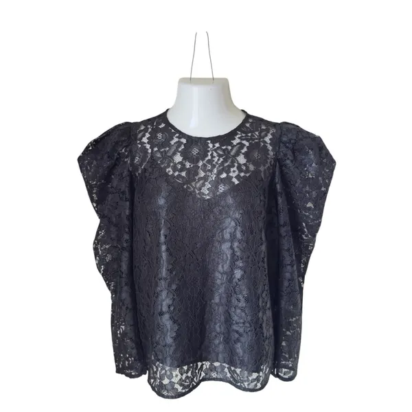 Express Women’s Black Medium‎ Whimsygoth Dark Romance Lace Puff Sleeve Top - Image 4