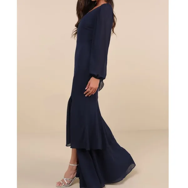 NEW Lulus Tier Elegance Navy Long Sleeve V-Neck Chiffon Tiered Maxi Dress Medium - Image 2