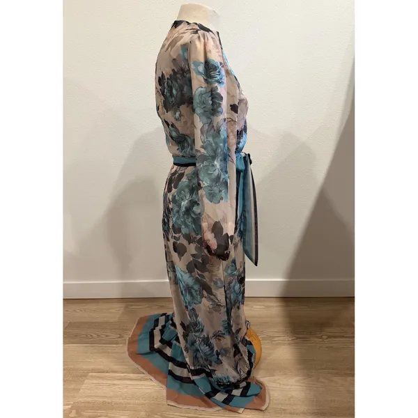 Paper Parachute Floral Maxi Dress Teal Blue Tan Long Sleeve Belted Ruffle XS - Image 4