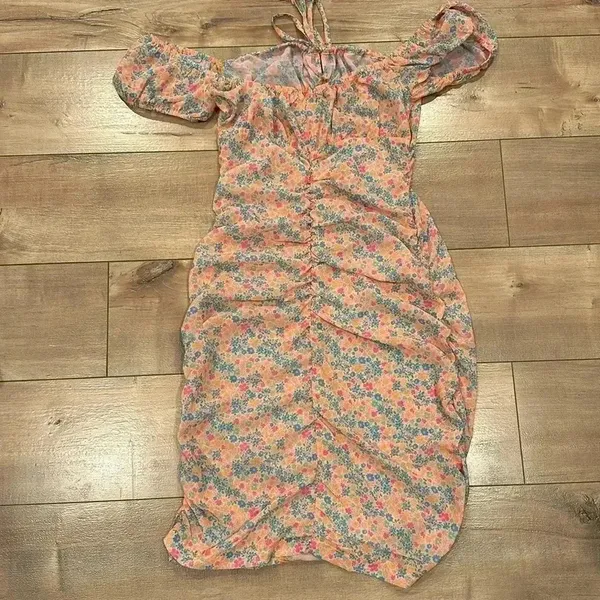 Tiger Mist Orange Floral Back Ruched Mini Dress Sz S - Image 4