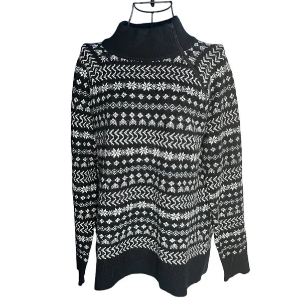 Lou & Grey‎ Women's S Fair Isle Zip Turtleneck Sweater Black White Nordic Winter - Image 2