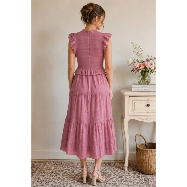 Sea New York 100% Cotton Pink Ingrid Smocked Ruffle Eyelet Midi Dress Size 2 - Image 2