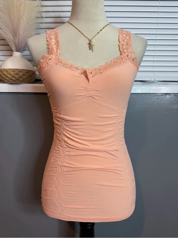 Peach Lace Ruched Fitted Cami Tank Top Small - Image 4