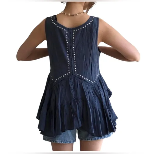 Abercrombie & Fitch Silver Sequins Dusty Blue Boho Babydoll Blouse M - Image 2