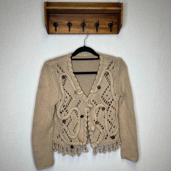 Unique Beige Knit Cardigan Sweater Buttons Fringe Tassel Boho‎ - Image 2