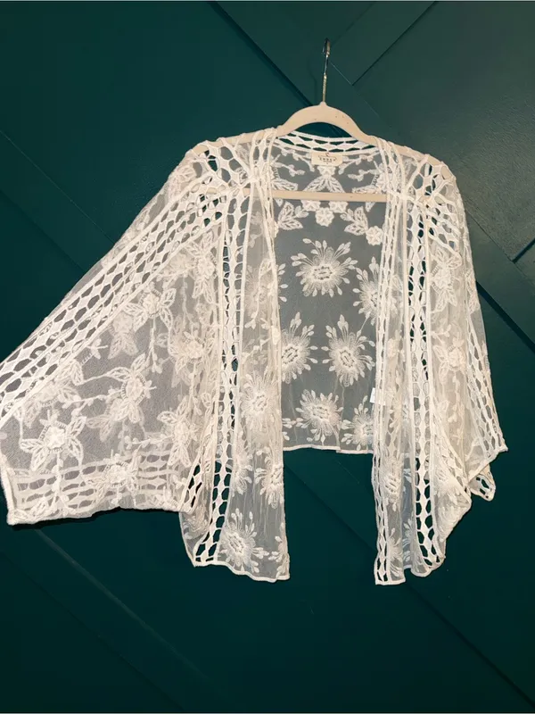 Cream White Floral Lace Kimono Cardigan Boho Crochet Size L - Image 3