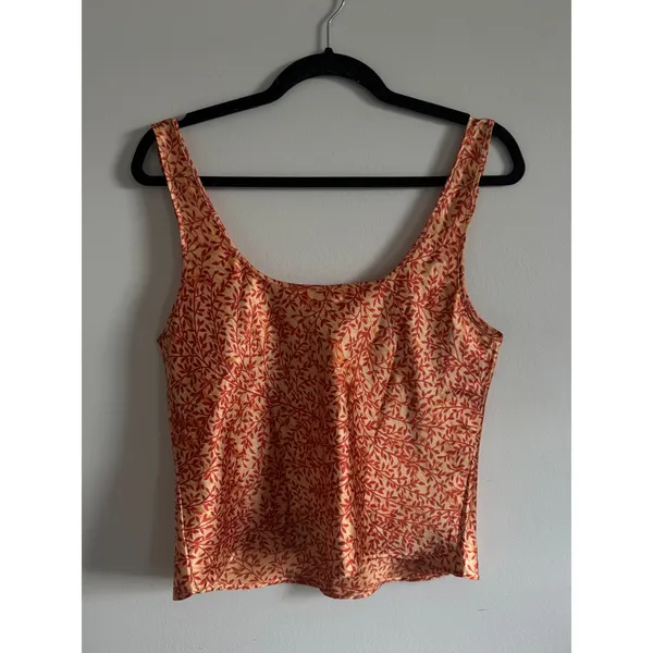 Victorias Secret Satin Tank Top Orange Red Leaf Print Scoop Neck Camisole Medium - Image 2