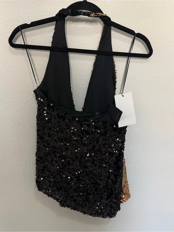 ZARA Gold and Black Sequin Halter Top Size Small Glam Festival Metallic - Image 8