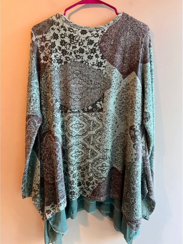 Tempo Paris Patchwork Asymmetrical Tunic Top | Sage Green Floral Layered Boho - Image 2