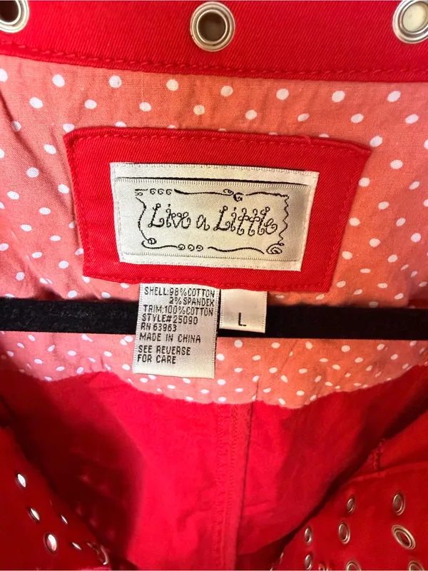 Live a Little Red Grommet Eyelet Jacket Size L Y2K Stretch Cotton - Image 6