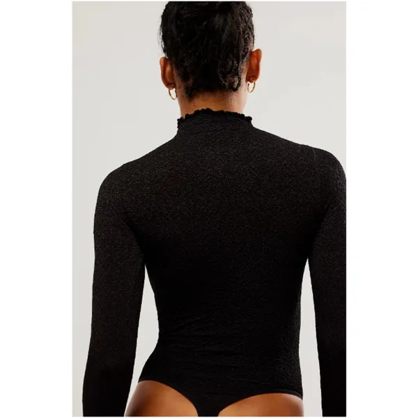 Free People Intimately Mara Mock Neck Bodysuit Womens XS/S Black Textured Boho - Image 2