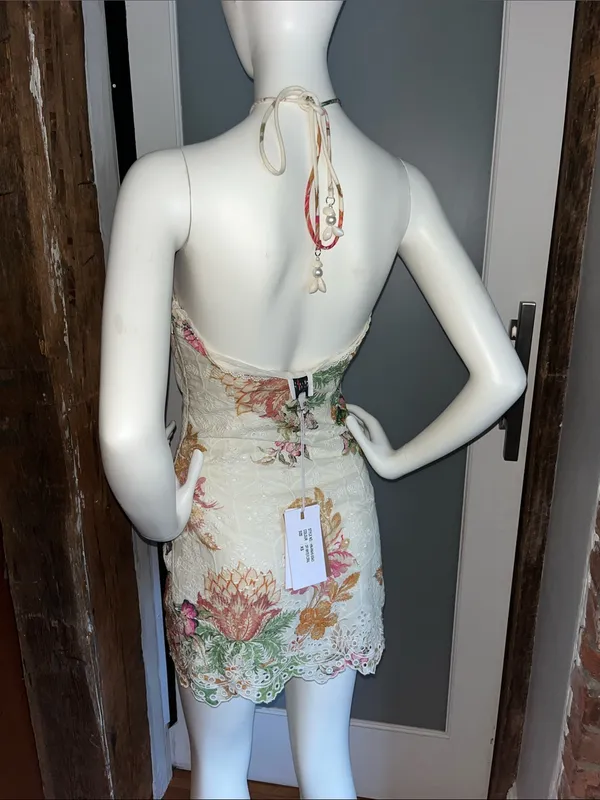 HEMANT & NANDITA White Halter Mini Dress with Pink & Green Floral Embroidery - Image 5