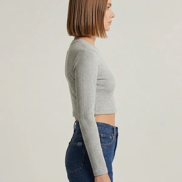 Abercrombie Athletics Abercrombie & Fitch Gray Ribbed Long Sleeve Crop Top Crew Neck Shirt Size Small - Image 3