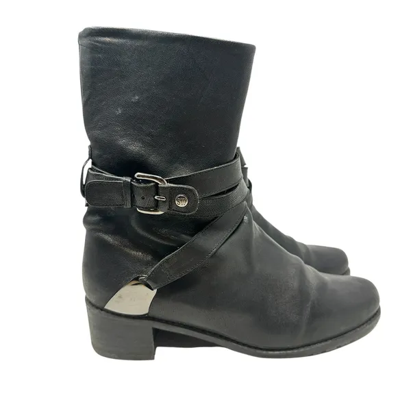 Stuart Weitzman Ranch‎ Dressing Boots Moto Buckle Leather Black Size US 6 - Image 4