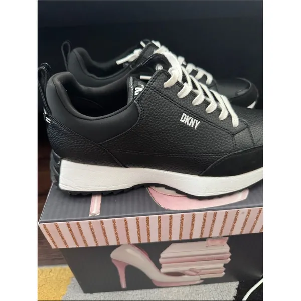 DKNY Black Leather Low-Top Sneakers with White Laces - Image 2